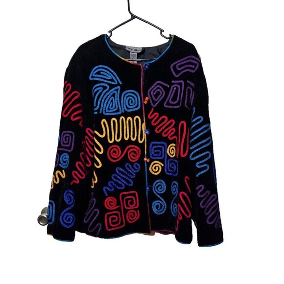 Vintage Indigo Moon Jacket 1X Artsy Embroidered Rainbow Toggle Buttons Boho Fun - Picture 1 of 9